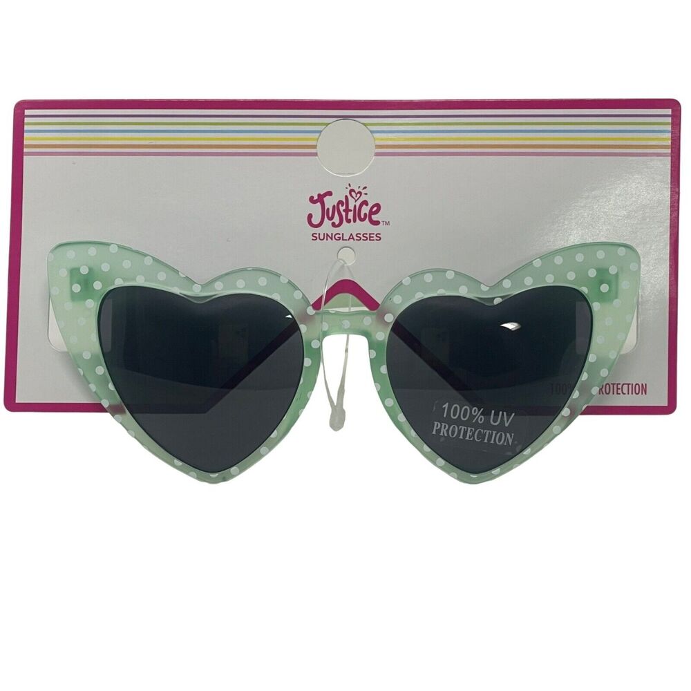 Justice Sunglasses Girls Green Polka Dot Cat Eye Heart Shape 100% UV Protection